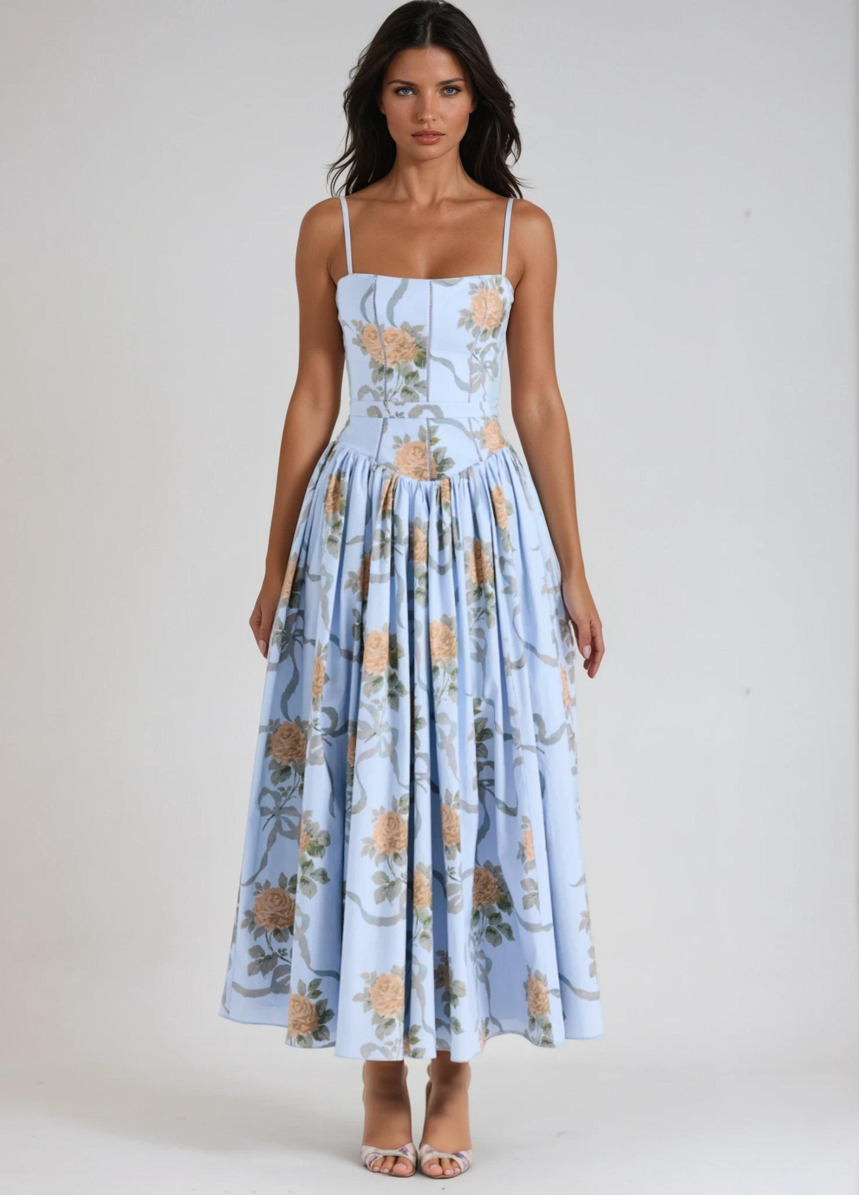 Seraphina Midi Dress - Soft Blue Floral Eliora