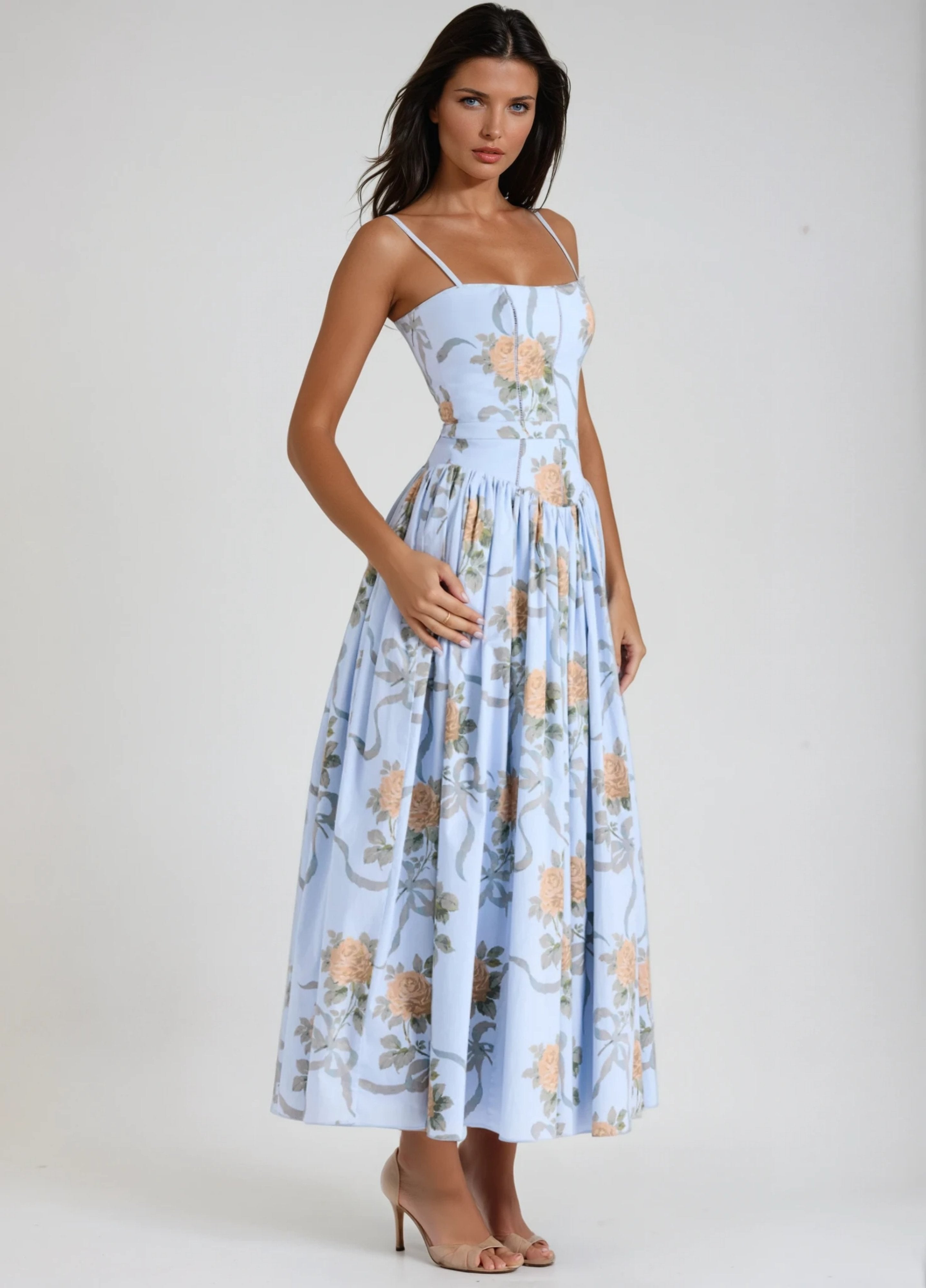 Seraphina Midi Dress - Soft Blue Floral Eliora
